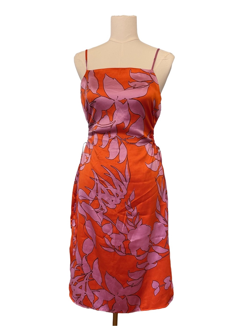 Christian Lacroix Midi Satiny Silky Floral Slip Dress in Orange & Pink Sz M